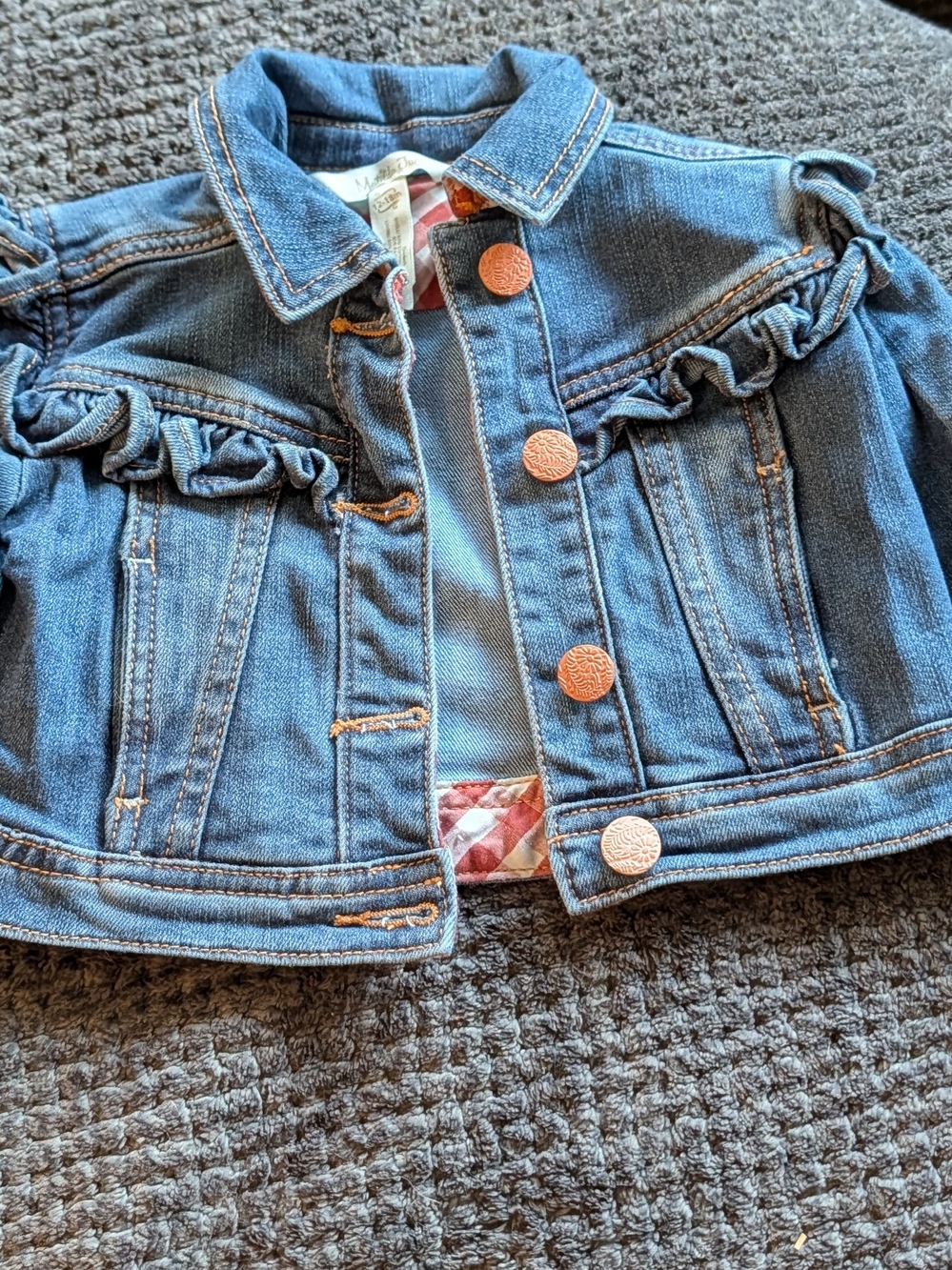 Matilda Jane Baby Girl Denim Jacket Ruffle Gingham Lining Floral Buttons 12-18M